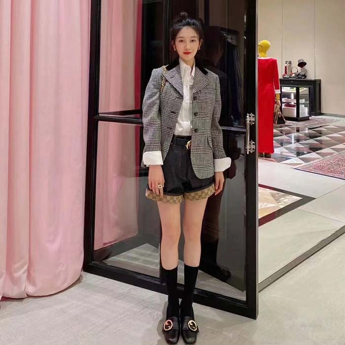 Gucci Women GG Prince Wales Check Jacket Black White Long Sleeves Flap Pockets