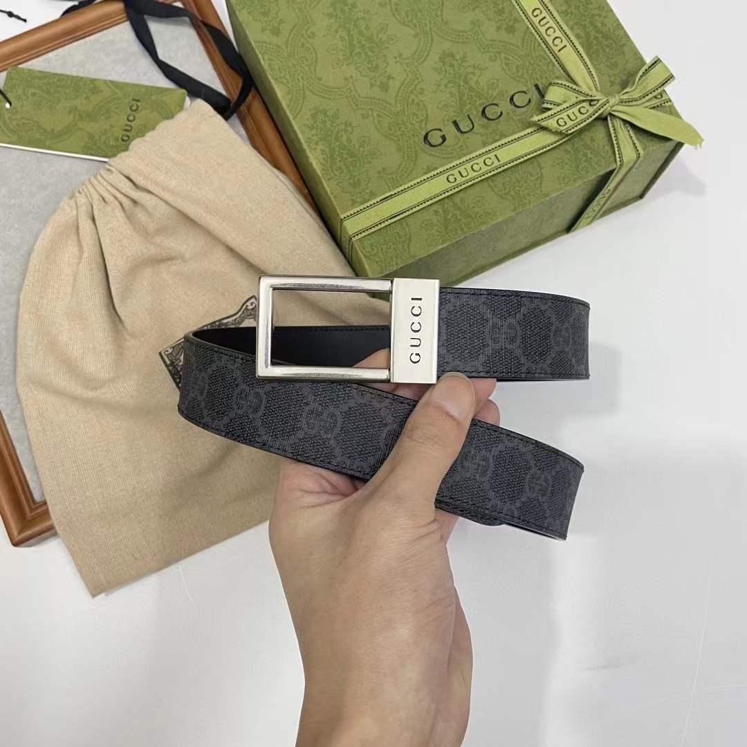 Gucci Unisex Belt Rectangular Buckle Black GG Supreme Canvas 3.6 CM Width