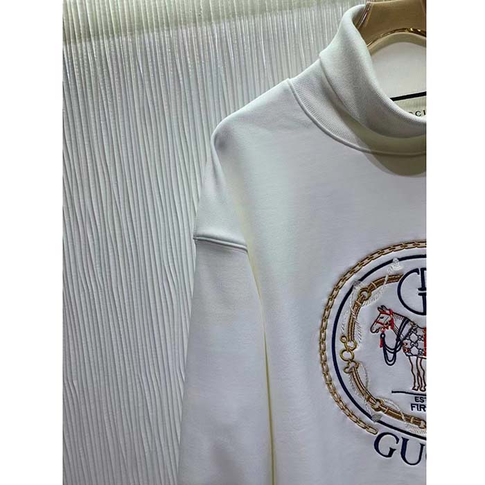 Gucci GG Women Jersey Sweatshirt Embroidery White Cotton Turtleneck Dropped Shoulder