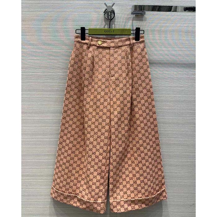 Gucci Women GG Canvas Print Camel Ebony Belt Loops Wide Leg Cropped Length