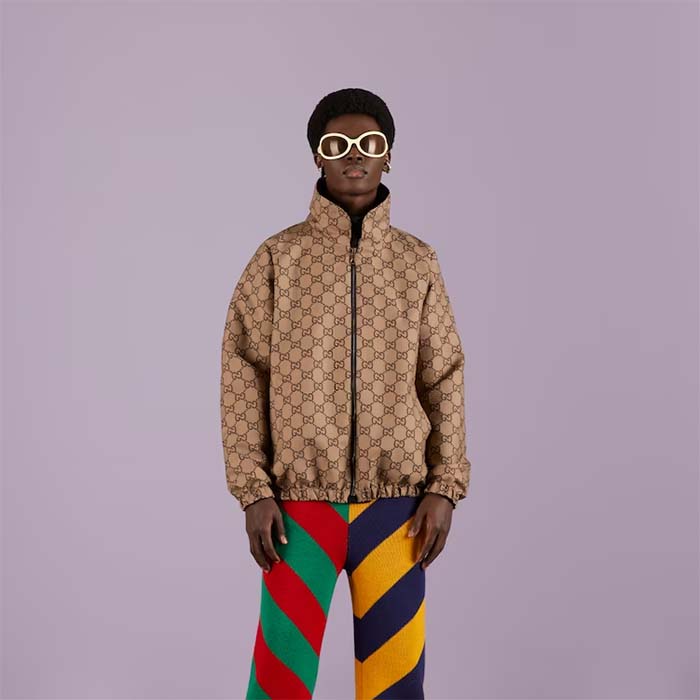 Gucci Men Reversible Poplin Jacket Black Polyester Piping Green Red Beige Ebony GG Canvas