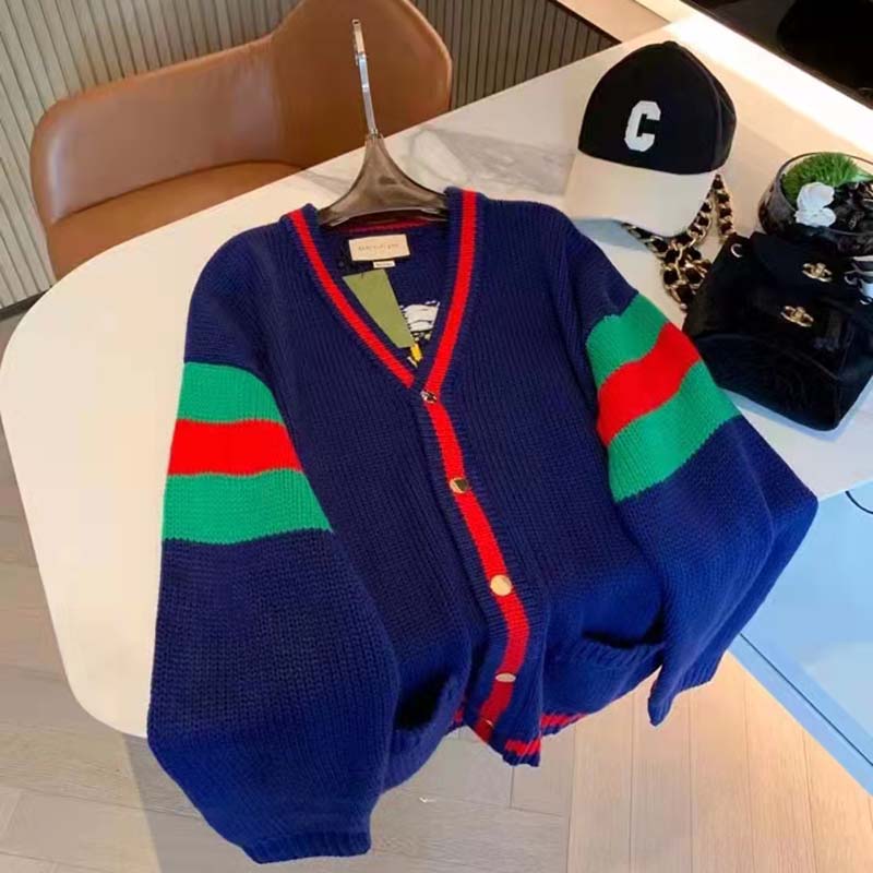 Gucci GG Men Gucci 100 Wool Cardigan Blue Wool Green Red V-Neck