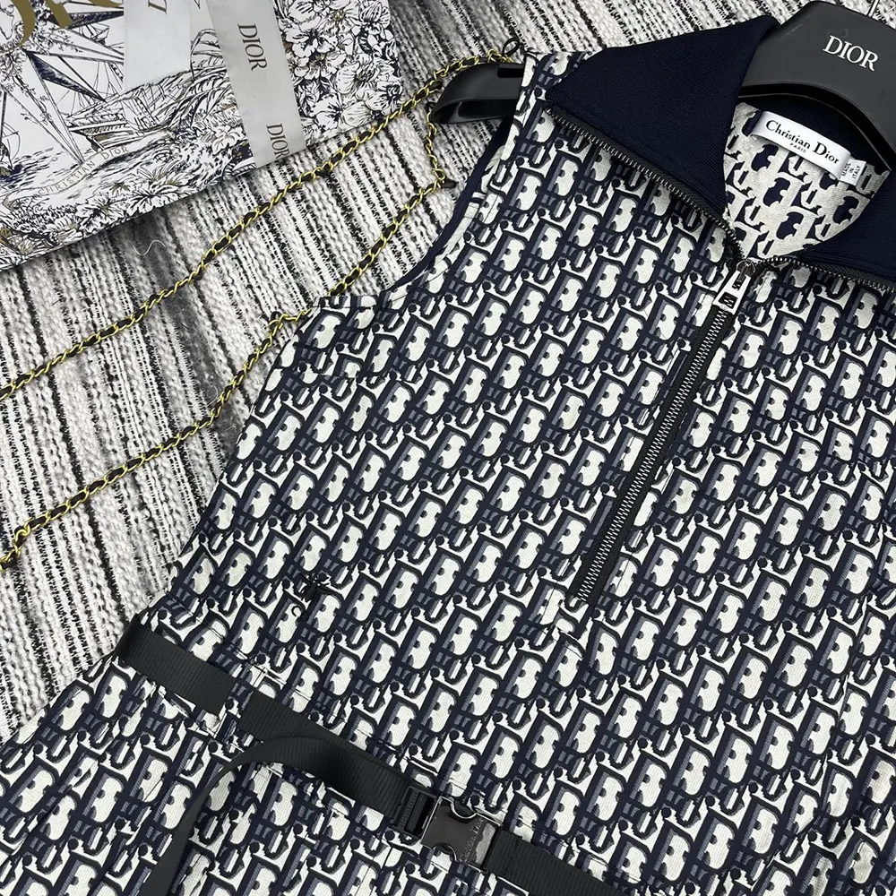 Dior Women Pleated Short Dress Blue and Ecru Technical Taffeta Jacquard with Dior Oblique Motif