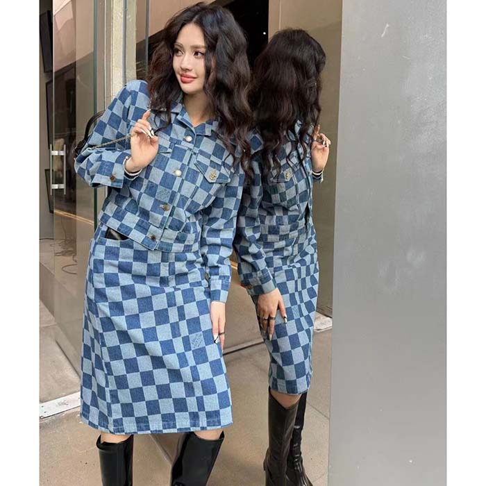 Louis Vuitton Women LV Damier Denim Skirt Cotton Blue Regular Fit 1AFGP2