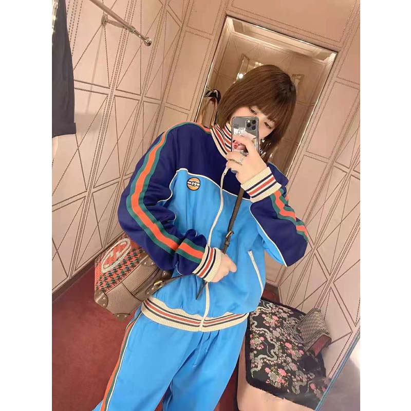 Gucci Women Technical Jersey Zip-Up Jacket with Web Interlocking G-Blue