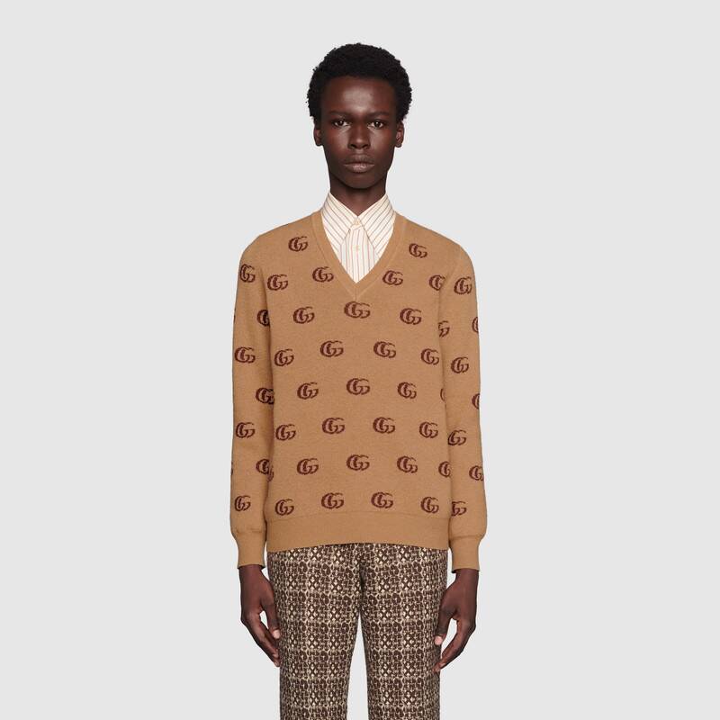 Gucci Men Double G Jacquard Wool V-Neck Sweater Camel and Brown
