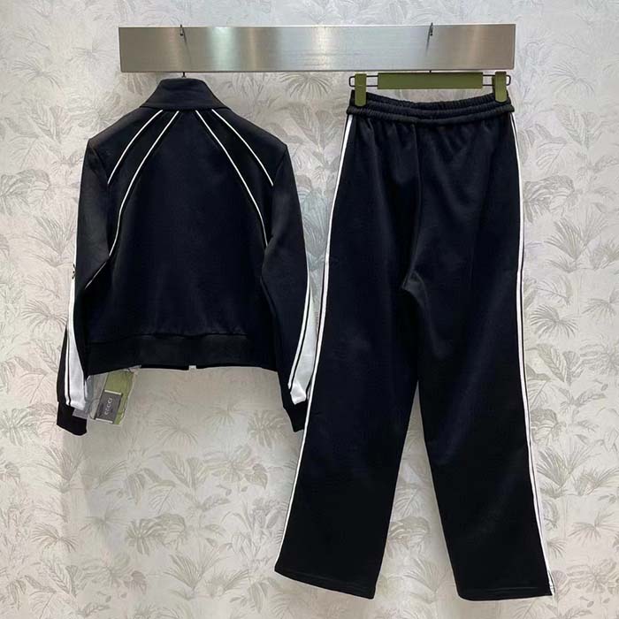 Gucci GG Women Cotton Jersey Zip Jacket Black Lightweight Felted Point Collar Long Sleeves