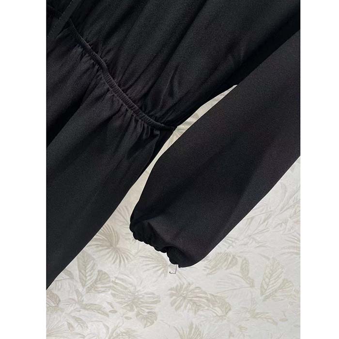 Gucci Women GG Silk Satin Georgette Dress Black Crewneck Flared Skirt