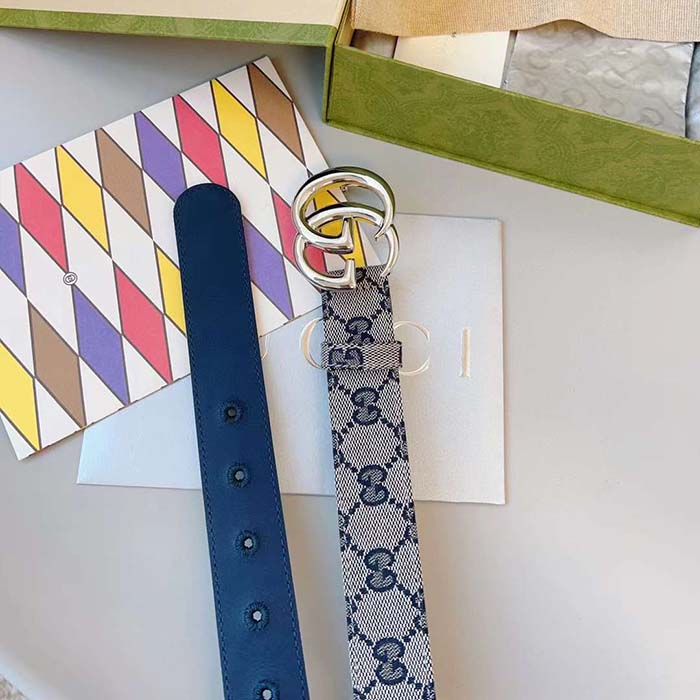 Gucci Unisex GG Marmont Reversible Belt Beige Blue Canvas Double G Buckle
