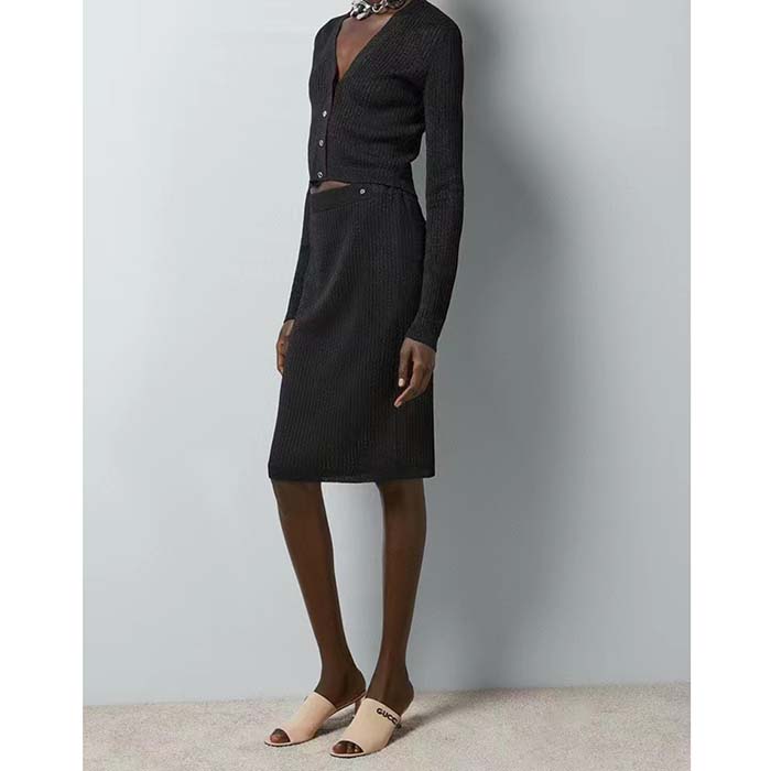 Gucci GG Women Rib Stitch Viscose Lamé Skirt Interlocking G Slip Lining Elastic Waist