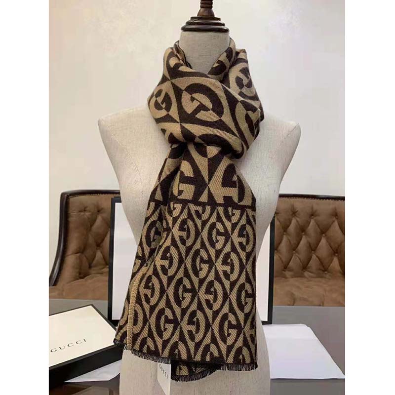 Gucci Unisex G Rhombus Jacquard Scarf in Wool and Cotton-Brown