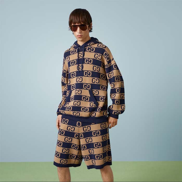 Gucci Men GG Cotton Jacquard Hooded Sweater Beige Dark Blue Dropped Shoulder Kangaroo Pocket