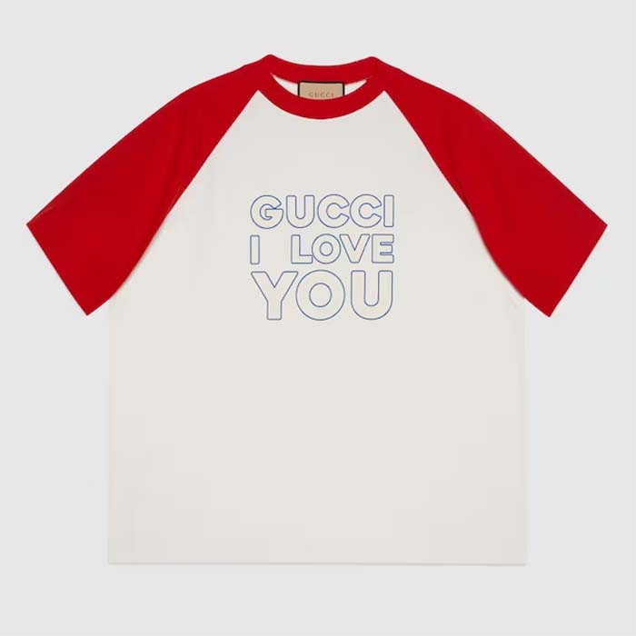 Gucci Women GG Cotton Jersey T-Shirt Red Off White Medium Crewneck Raglan Sleeves