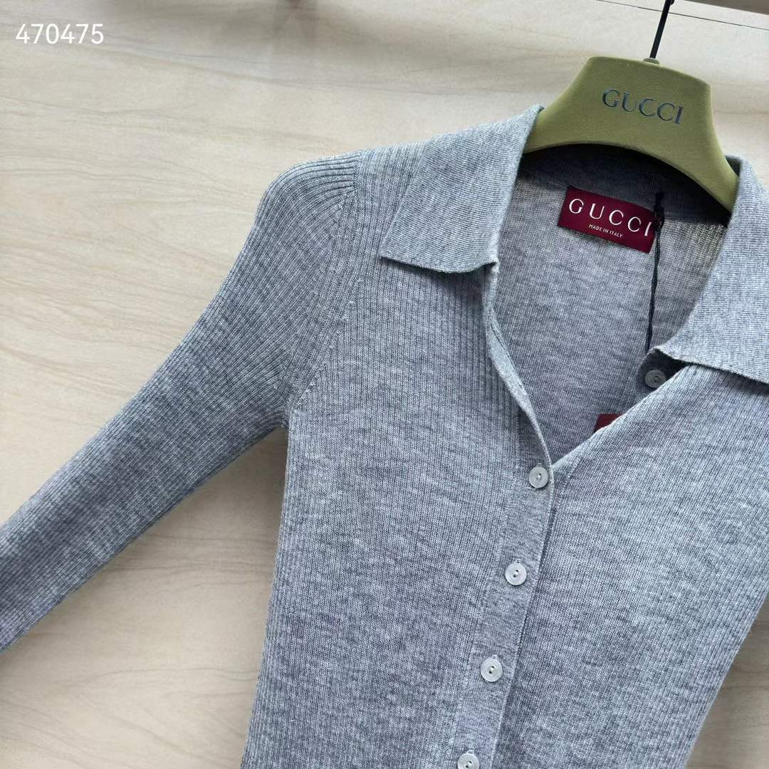 Gucci Women GG Extra Fine Rib Cashmere Knit Top Grey Silk Polo Neck