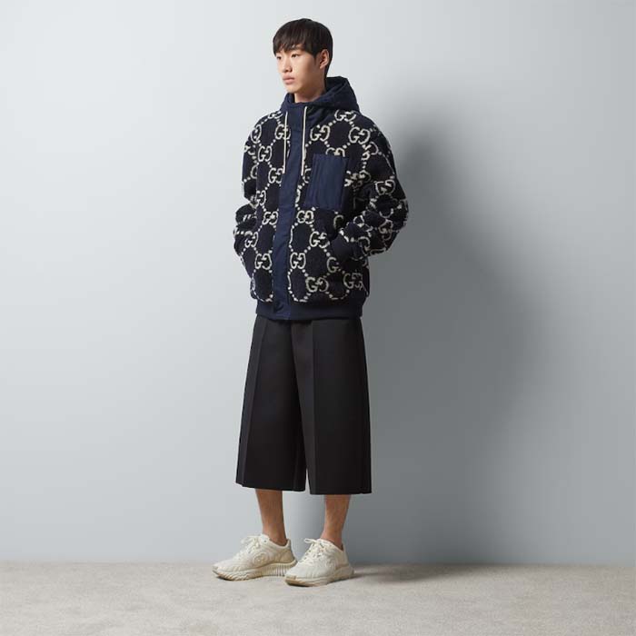 Gucci Men GG Fuzzy Fabric Jacquard Jacket Fixed Hood Drawstring Long Sleeves Front Patch Pocket