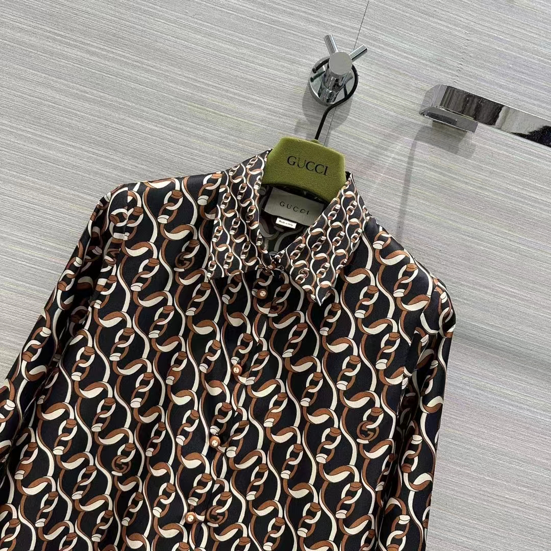 Gucci GG Women Interlocking G Chain Print Silk Shirt Point Collar Long Sleeves