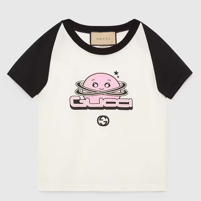 Gucci GG Men Cotton Jersey Short Sleeved T-Shirt Off White Black Gucci Planet Print Crewneck