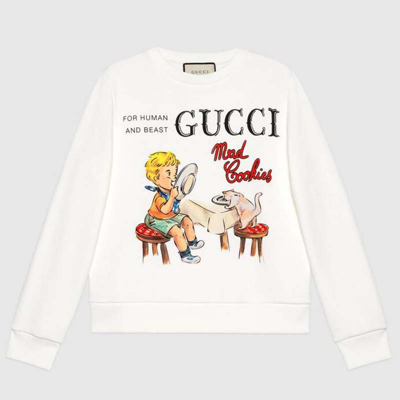 Gucci Men Gucci ‘Mad Cookies’ Print Sweatshirt Cotton Crewneck Slim Fit-White