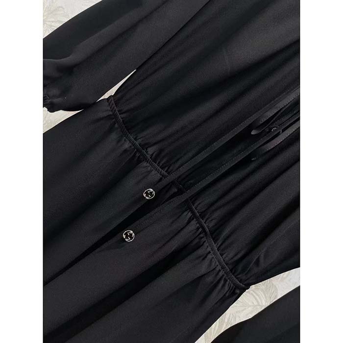 Gucci Women GG Silk Satin Georgette Dress Black Crewneck Flared Skirt