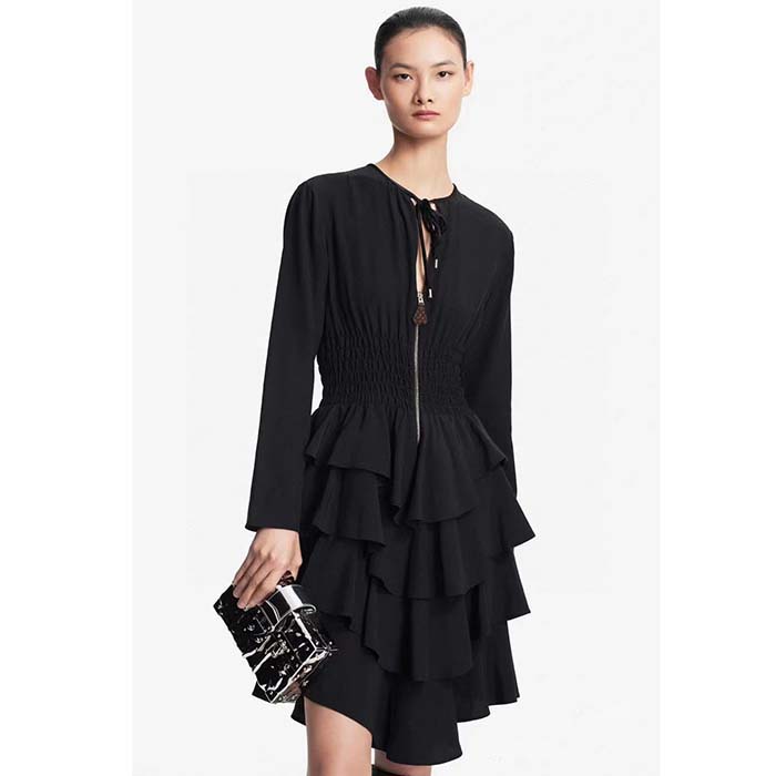Louis Vuitton Women LV Long-Sleeved Tiered Dress Silk Viscose Elastane Black Regular Fit