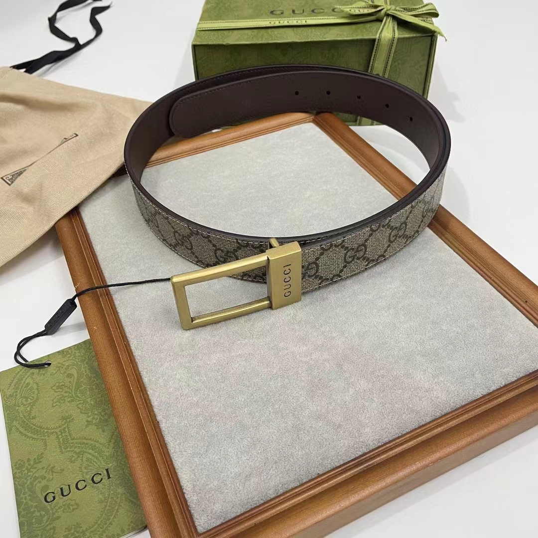 Gucci Unisex Belt Rectangular Buckle Beige Ebony GG Supreme Canvas 3.6 CM Width