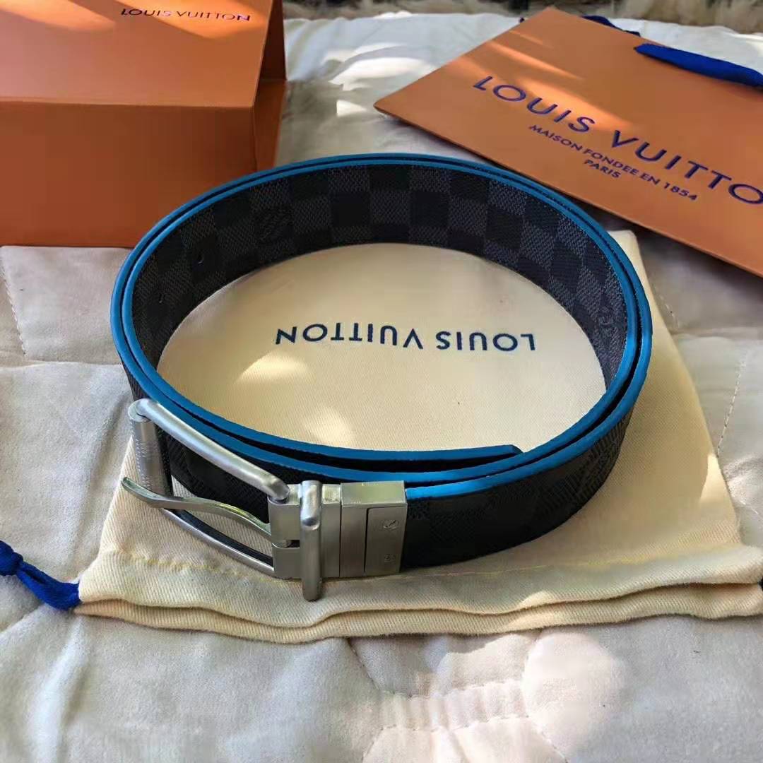 Louis Vuitton LV Unisex Damier Print 40mm Reversible Belt in Damier Canvas-Blue