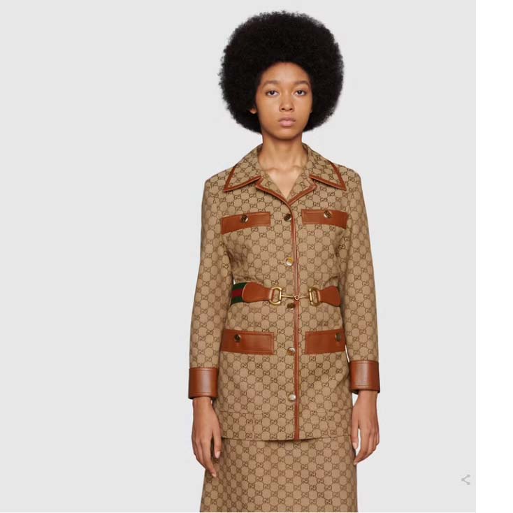 Gucci Women GG Canvas Jacket Web Belt Cotton Camel Ebony Point Collar