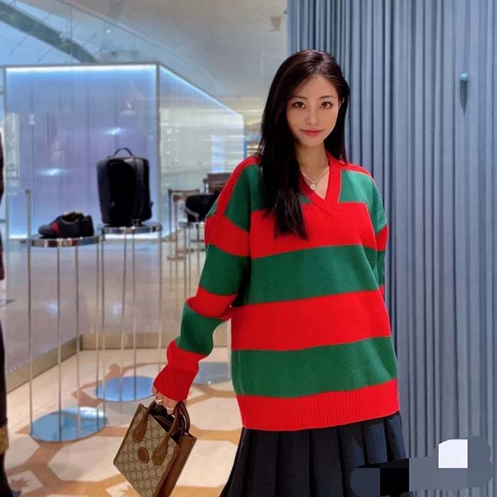 Gucci Women GG Felted Wool Striped Sweater V-Neck Dropped Shoulder Long Sleeves