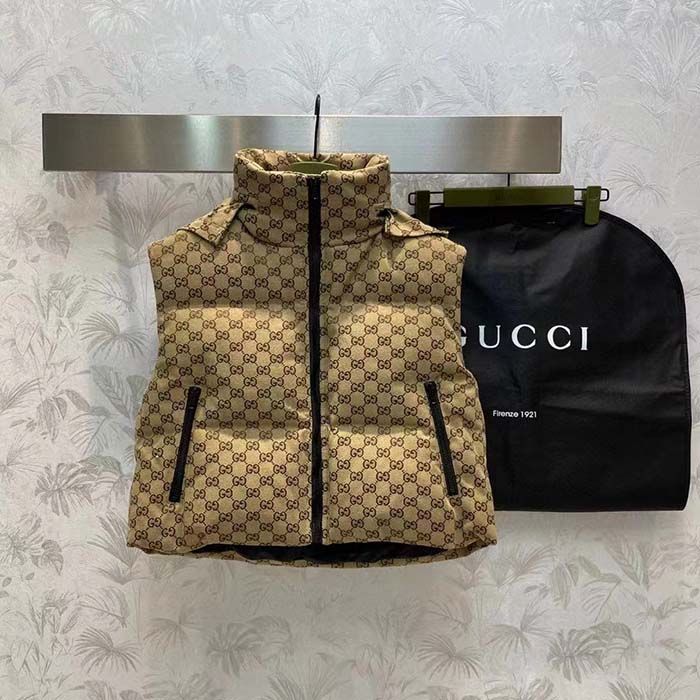 Gucci Women Canvas Padded Gilet GG Canvas Lined Concealed Hood High Neck Sleeveless
