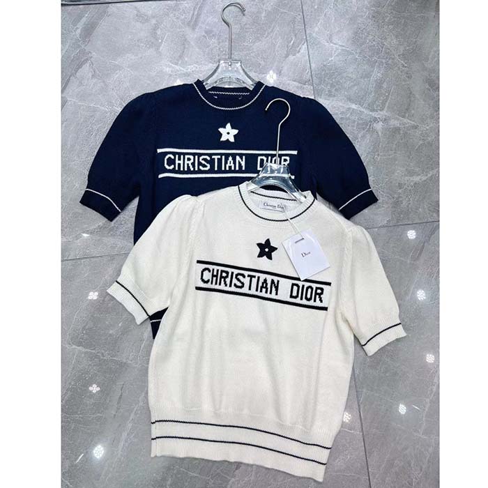 Dior Women Christian Dior Short-Sleeved Sweater Ecru Cashmere Wool Knit