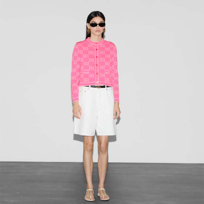 Gucci Women GG Cotton Jacquard Cardigan Pink Crewneck Long Sleeves