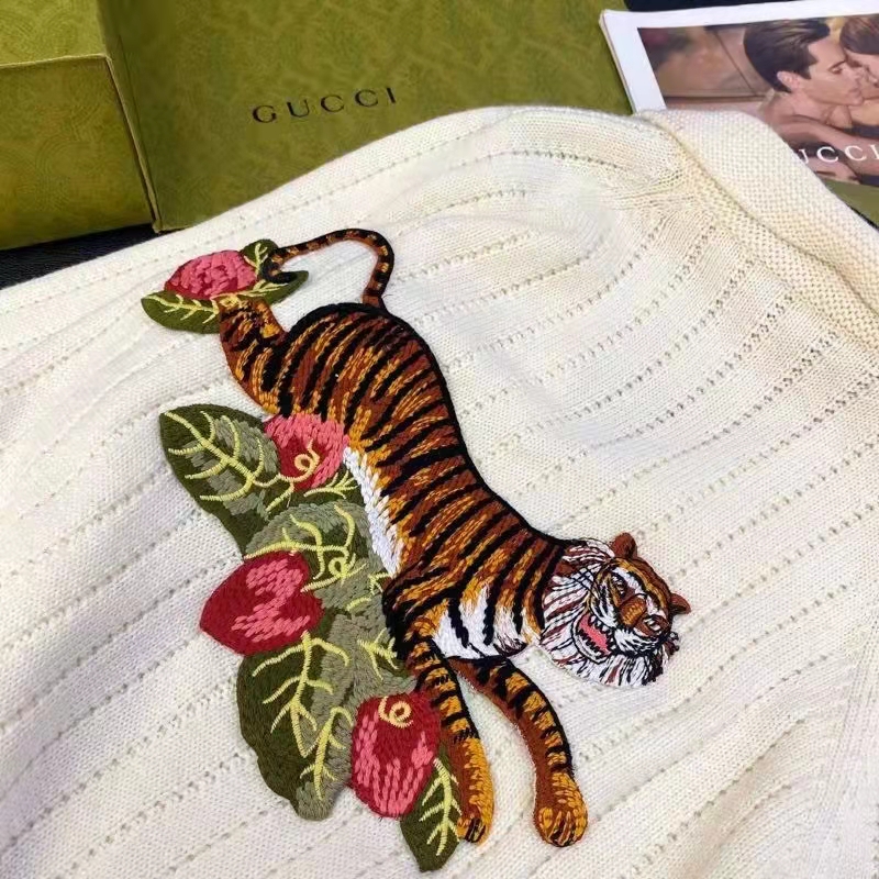 Gucci GG Women Gucci Tiger Knit Sweater Patch Wool Cotton Tiger Flower