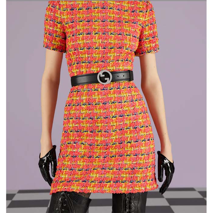 Gucci Unisex GG Blondie Belt Black Leather Round Interlocking G Buckle 4 CM Width