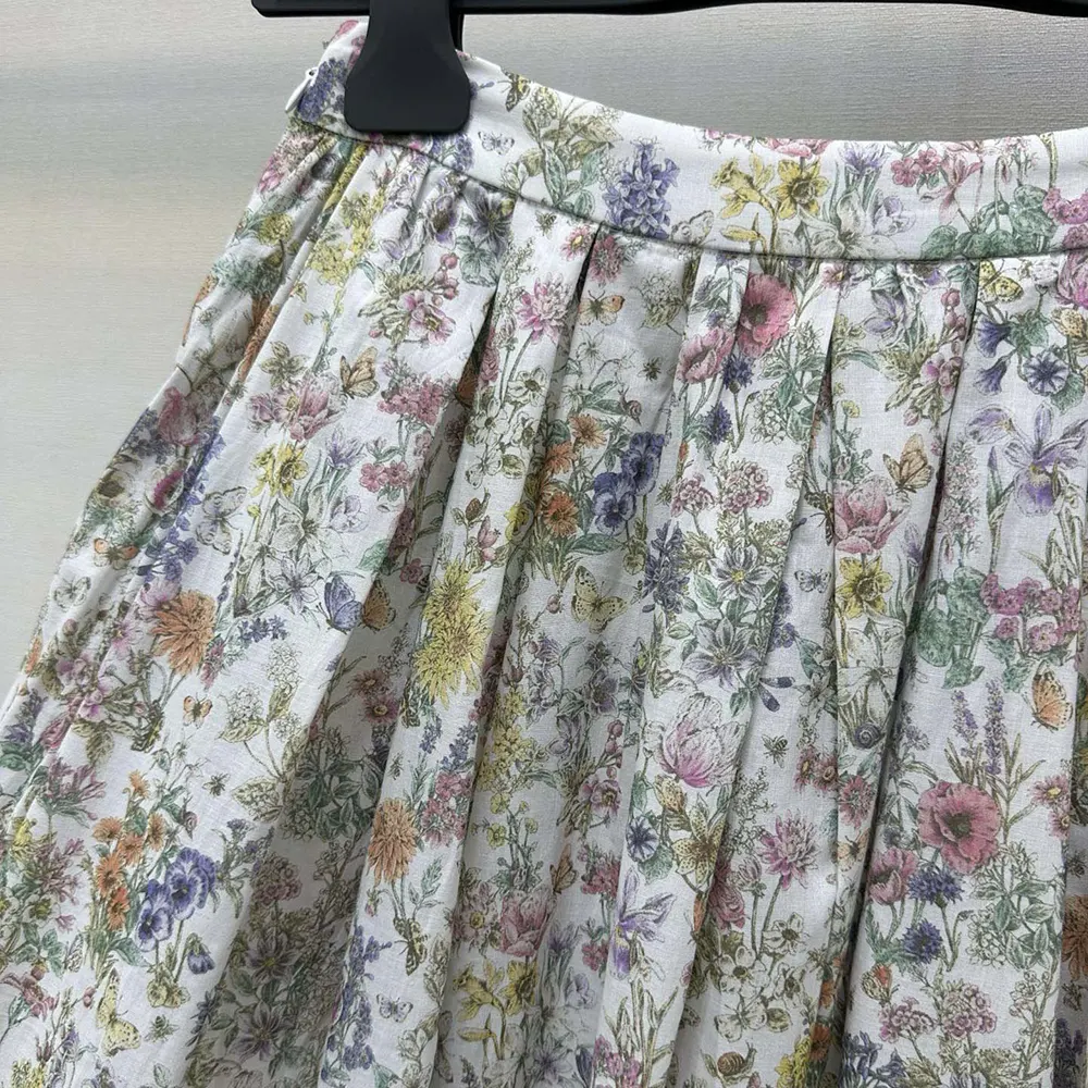 Dior Women Mid-Length Flared Skirt Cotton Muslin with Multicolor Dior Flowers Calendar Allover Motif