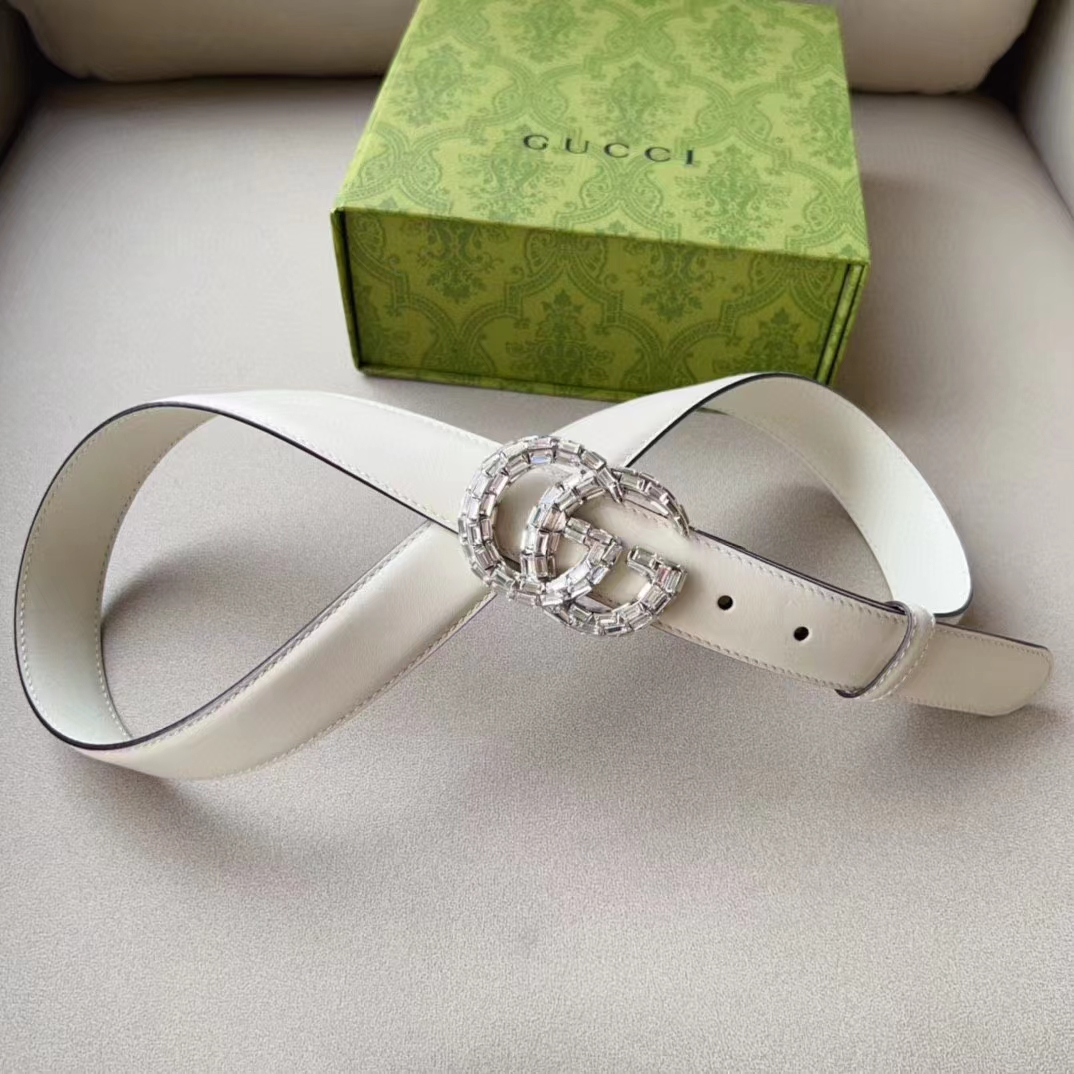 Gucci Unisex GG Marmont Thin Belt Crystals White Leather Double G Buckle 3 CM Width