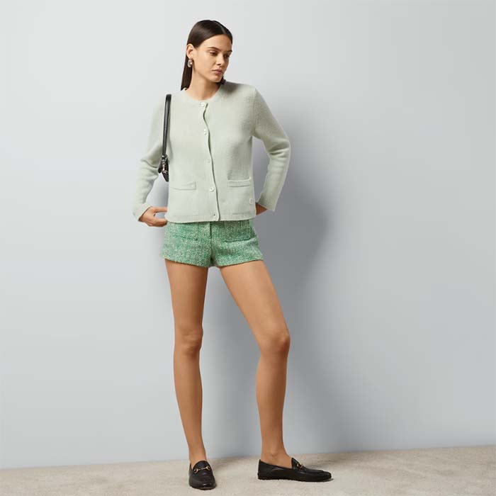 Gucci Women GG Fine Cashmere Cardigan Interlocking G Light Green Crewneck Long Sleeves