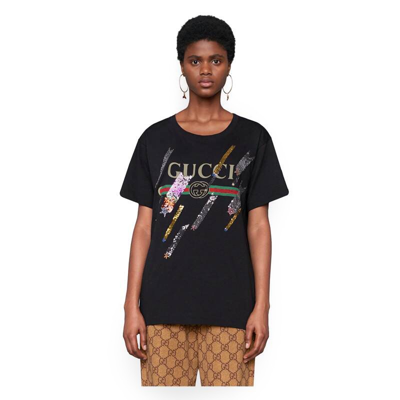 Gucci Women Oversize T-Shirt with Gucci Logo and Shooting Stars-Black