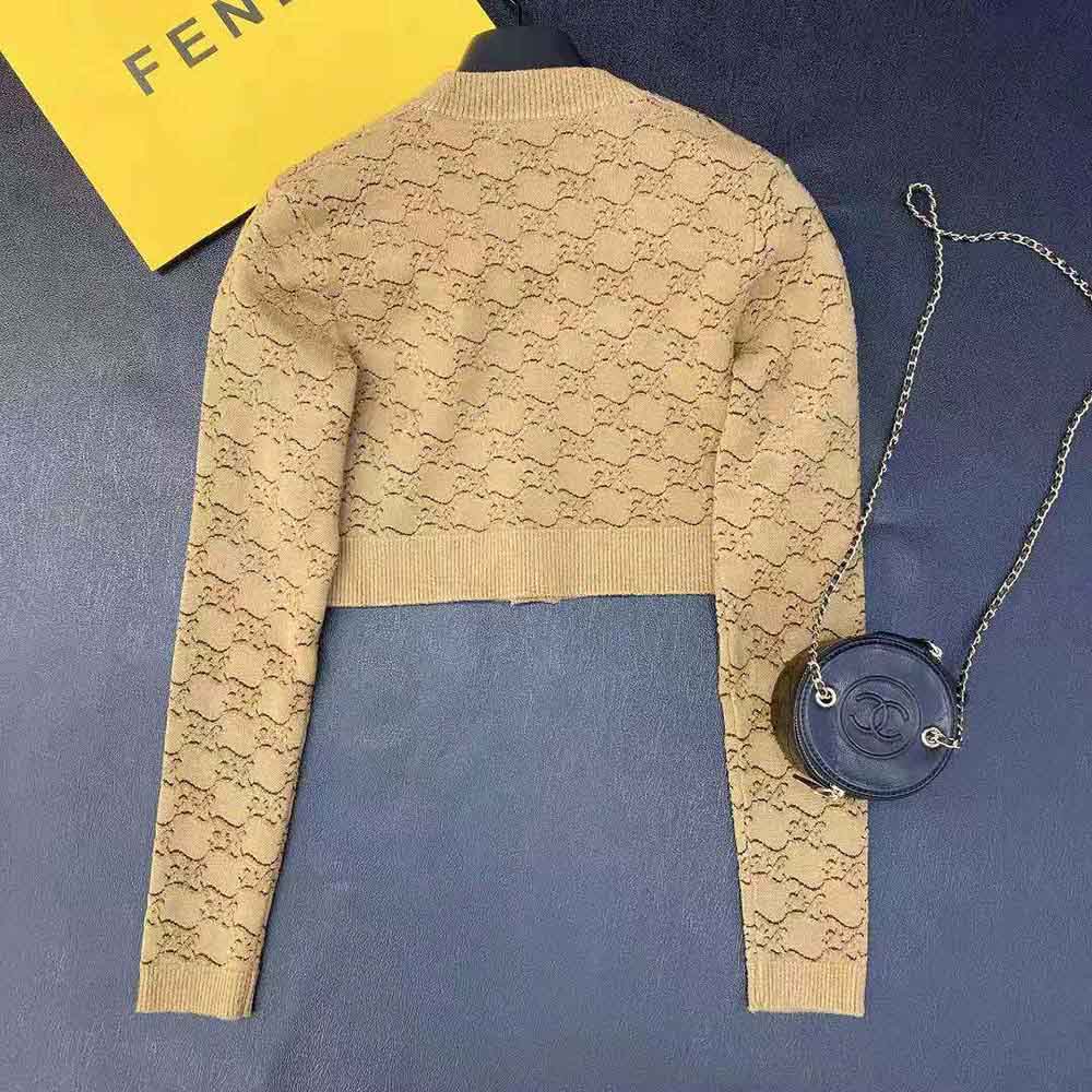 Fendi Women Beige Velvet and Viscose Cardigan with V Neck and Ribbed Edges