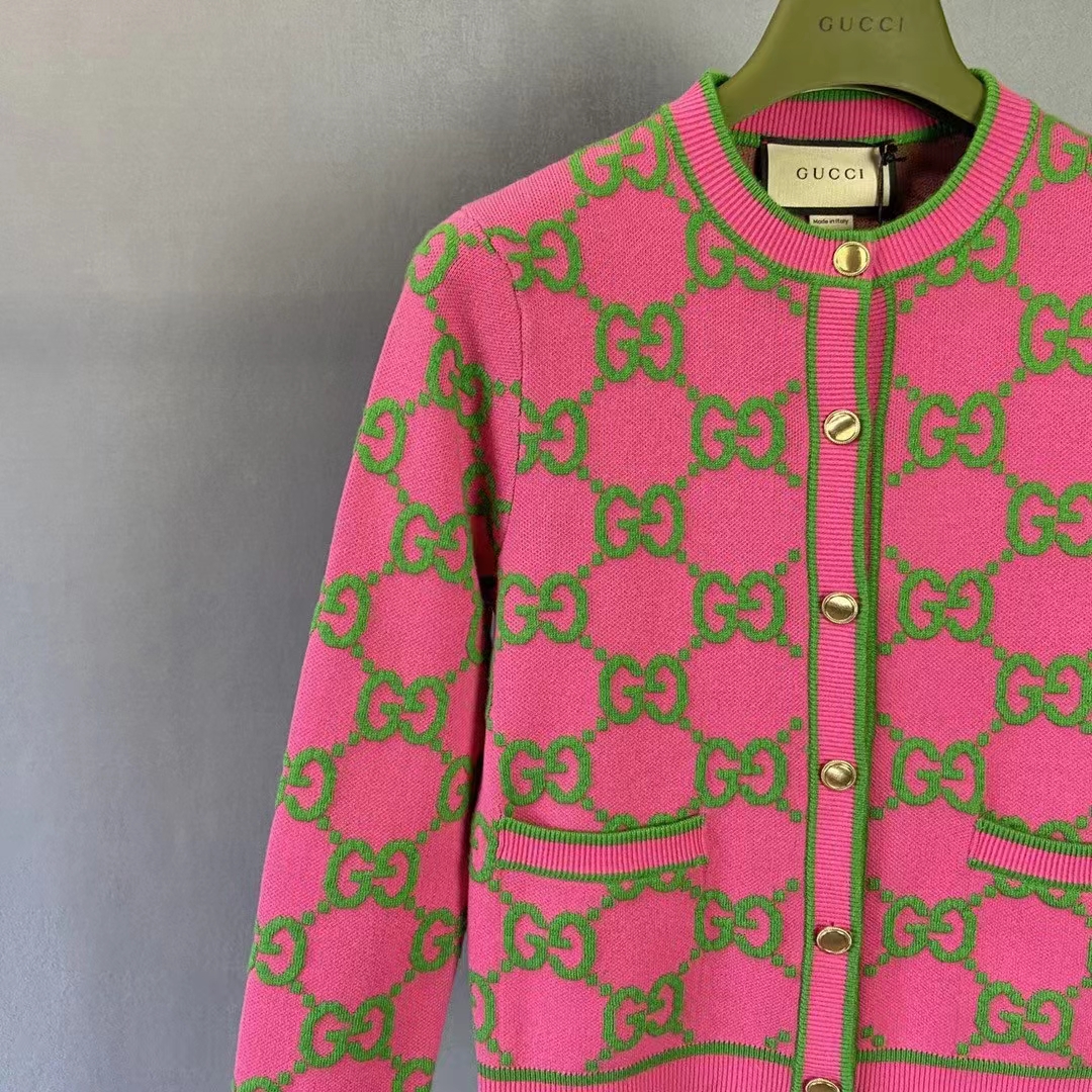 Gucci Women Cotton Silk Blend Cardigan Fuchsia Green Jacquard Crewneck Long Sleeves