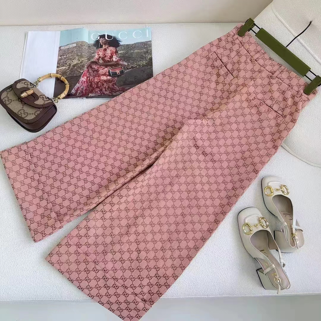 Gucci Women GG Cotton Canvas Pant Light Pink Brown Unlined Fitted Waistband Two Back Pockets
