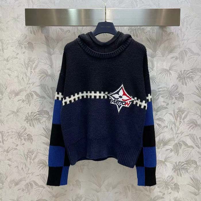 Louis Vuitton Men LV SKI Graphic Hooded Pullover Snowflake Motif Cashmere Black Blue