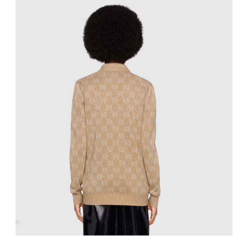 Gucci Women Lamé GG Jacquard Cardigan Camel Beige Fine Cotton