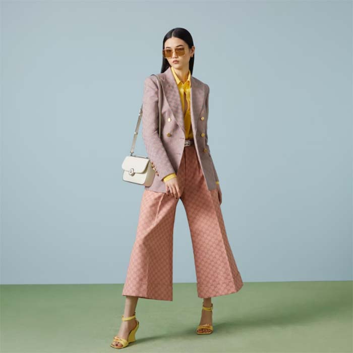 Gucci Women GG Cotton Canvas Pant Light Pink Brown Unlined Fitted Waistband Two Back Pockets