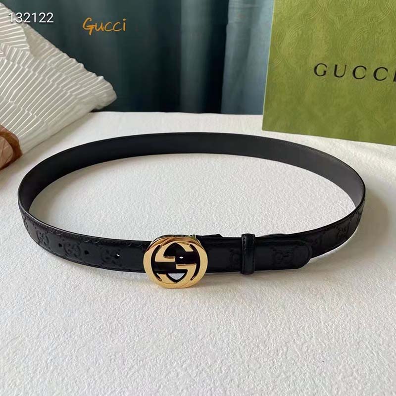 Gucci Unisex GG Signature Leather Belt Interlocking G Buckle Gold Hardware 4 cm Width