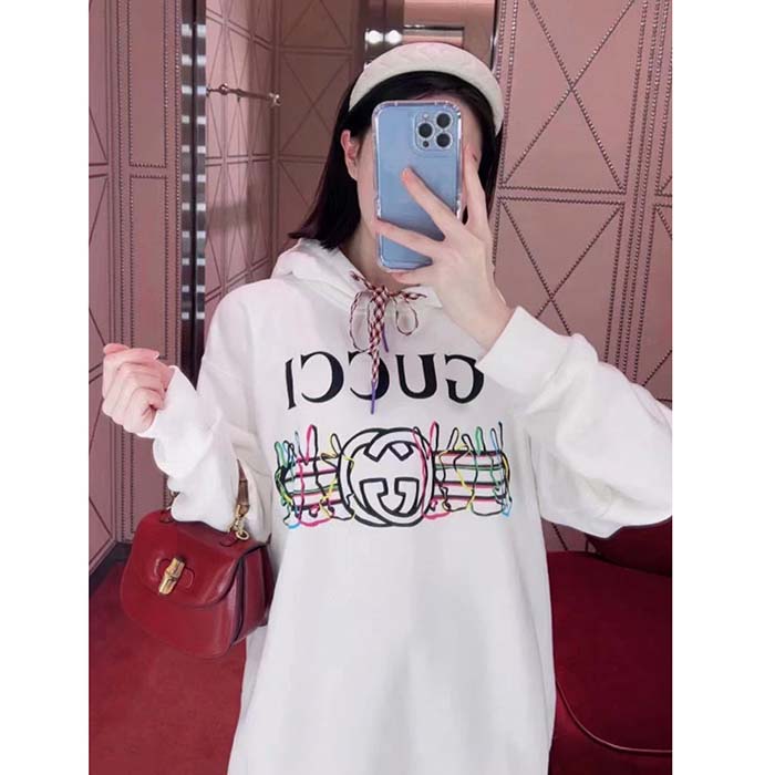 Gucci Women GG Logo Bunny Print Hooded Cotton Sweatshirt Off White Cotton Jersey