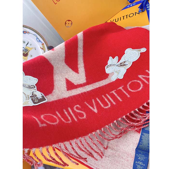 Louis Vuitton LV Unisex Precious Rabbit Reykjavik Scarf Red Cashmere Monogram Flowers