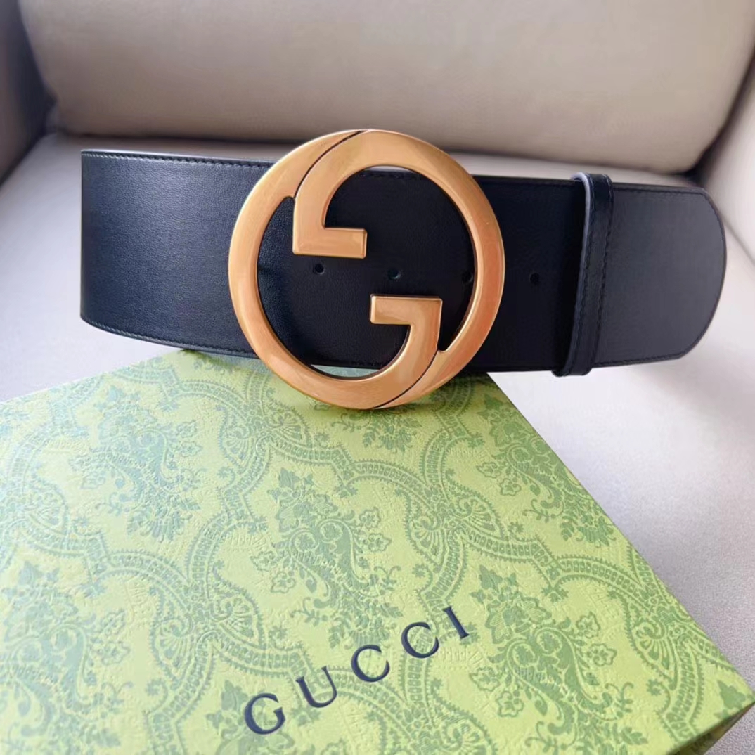 Gucci Unisex GG Blondie Wide Belt Black Leather Round Interlocking G 5 CM Width