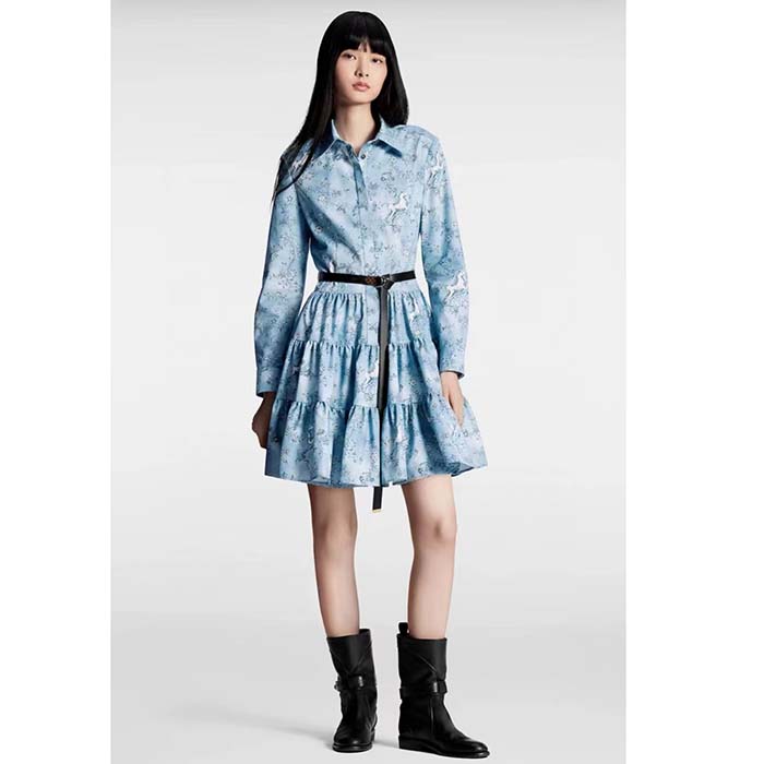 Louis Vuitton Women LV Unicorn Print Belted Shirt Dress Cotton Silk Sky Blue Regular Fit