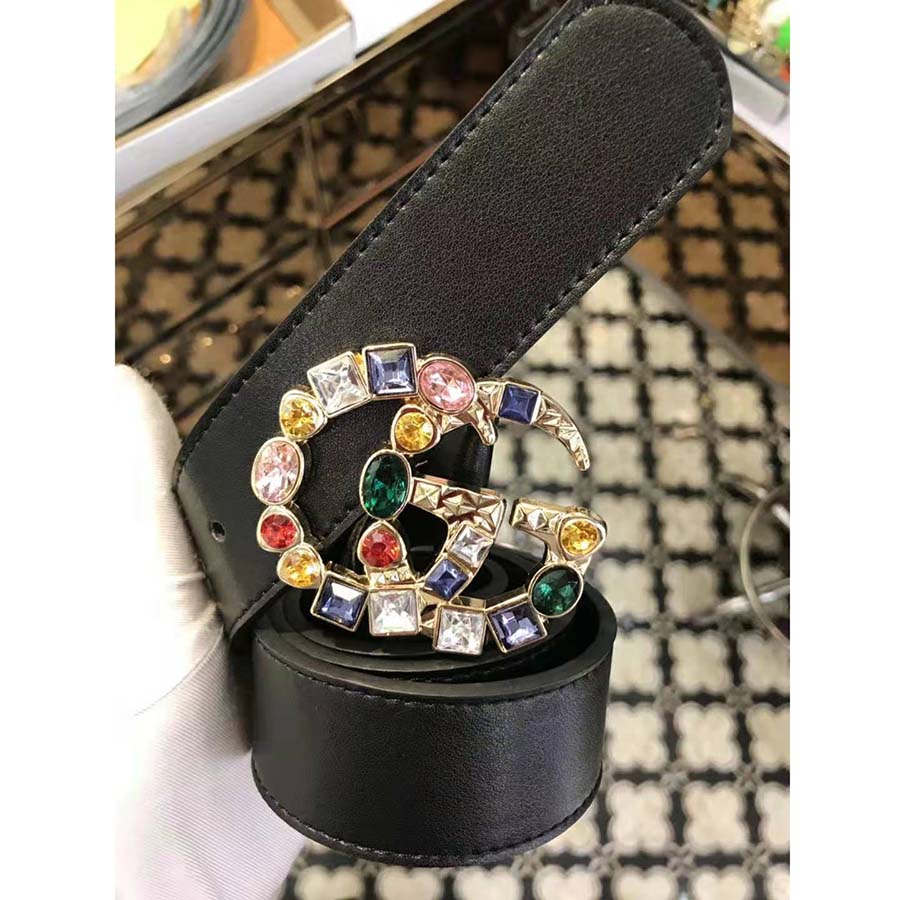 Gucci Women Leather Belt with Crystal Double G Buckle in Black