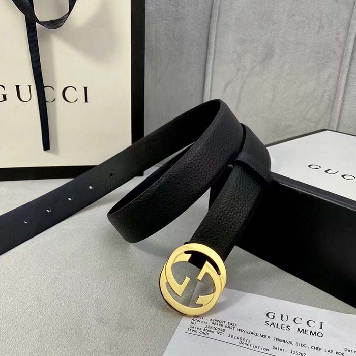 Gucci Unisex GG Blondie Belt Black Leather Round Interlocking G Buckle 3 CM Width